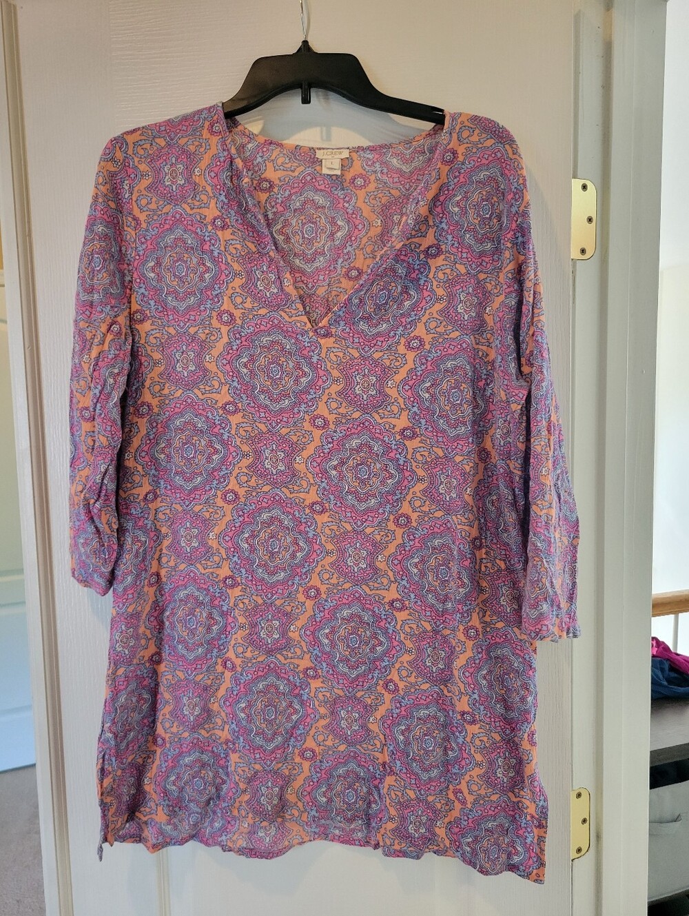 J.Crew Pink Paisley Medallion Tunic Blouse Shirt Size Large L Boho Festival